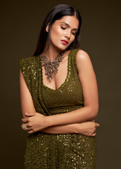 Brown Georgette Saree with Sequins & Thread Embroidery