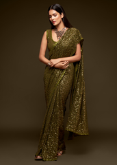 Brown Georgette Saree with Sequins & Thread Embroidery