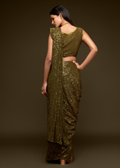 Brown Georgette Saree with Sequins & Thread Embroidery
