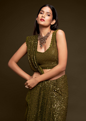 Brown Georgette Saree with Sequins & Thread Embroidery