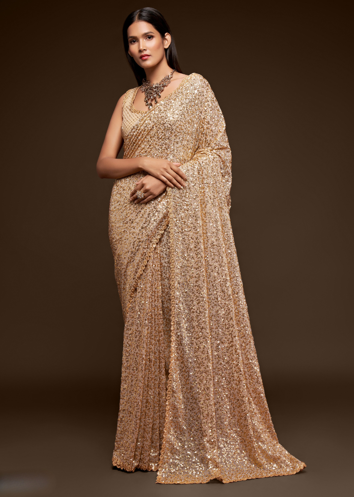 Cream Georgette Saree with Sequins Embroidery & Thread Work
