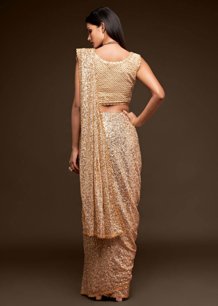 Cream Georgette Saree with Sequins Embroidery & Thread Work