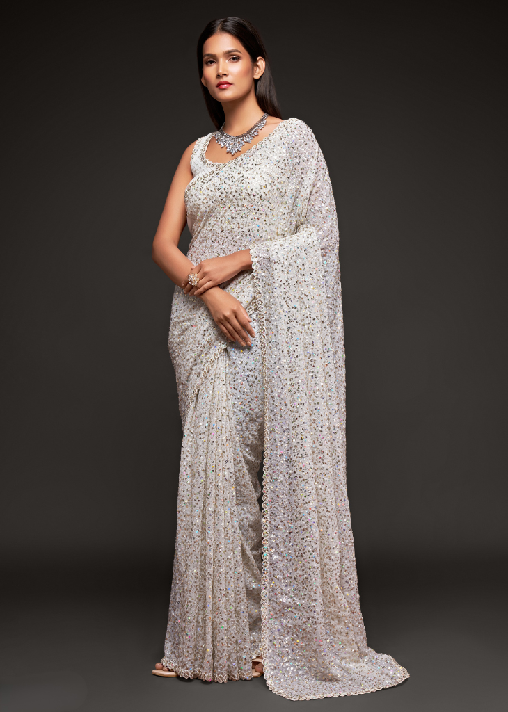 White Georgette Saree with Sequins & Thread Embroidery