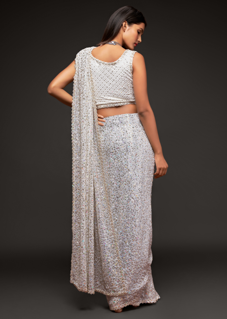 White Georgette Saree with Sequins & Thread Embroidery