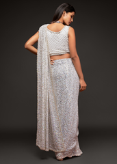 White Georgette Saree with Sequins & Thread Embroidery