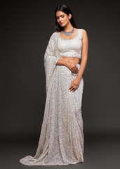 White Georgette Saree with Sequins & Thread Embroidery