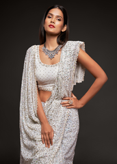 White Georgette Saree with Sequins & Thread Embroidery