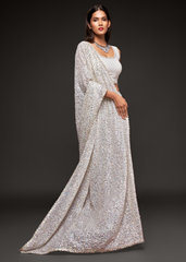 White Georgette Saree with Sequins & Thread Embroidery
