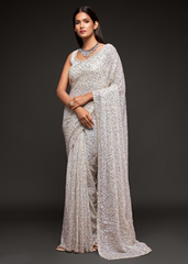 White Georgette Saree with Sequins & Thread Embroidery