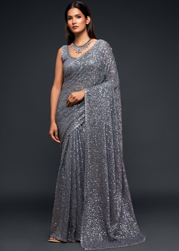Grey Georgette Saree with Sequins & Thread Embroidery