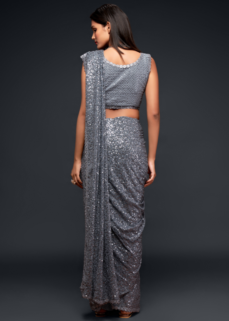 Grey Georgette Saree with Sequins & Thread Embroidery