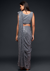 Grey Georgette Saree with Sequins & Thread Embroidery