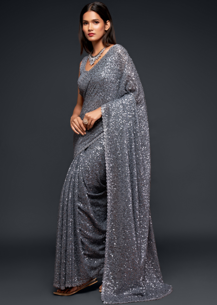 Grey Georgette Saree with Sequins & Thread Embroidery