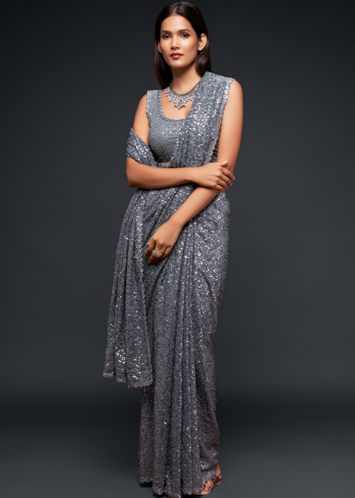 Grey Georgette Saree with Sequins & Thread Embroidery