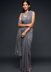 Grey Georgette Saree with Sequins & Thread Embroidery