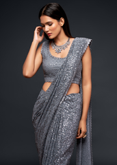 Grey Georgette Saree with Sequins & Thread Embroidery