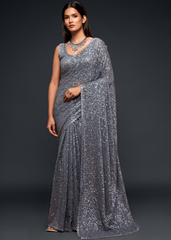 Grey Georgette Saree with Sequins & Thread Embroidery