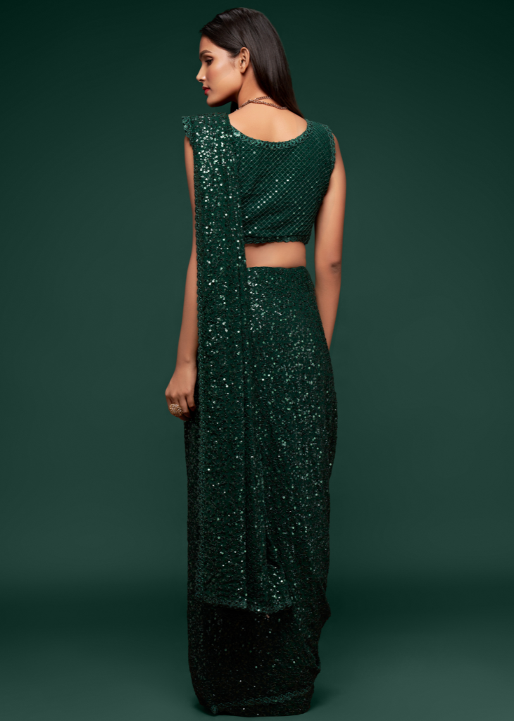 Green Georgette Saree with Sequins & Embroidery