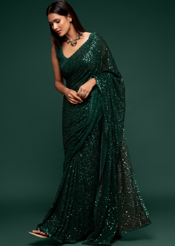 Green Georgette Saree with Sequins & Embroidery