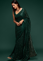 Green Georgette Saree with Sequins & Embroidery