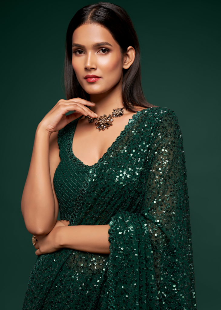 Green Georgette Saree with Sequins & Embroidery