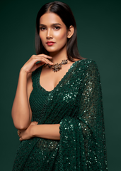 Green Georgette Saree with Sequins & Embroidery