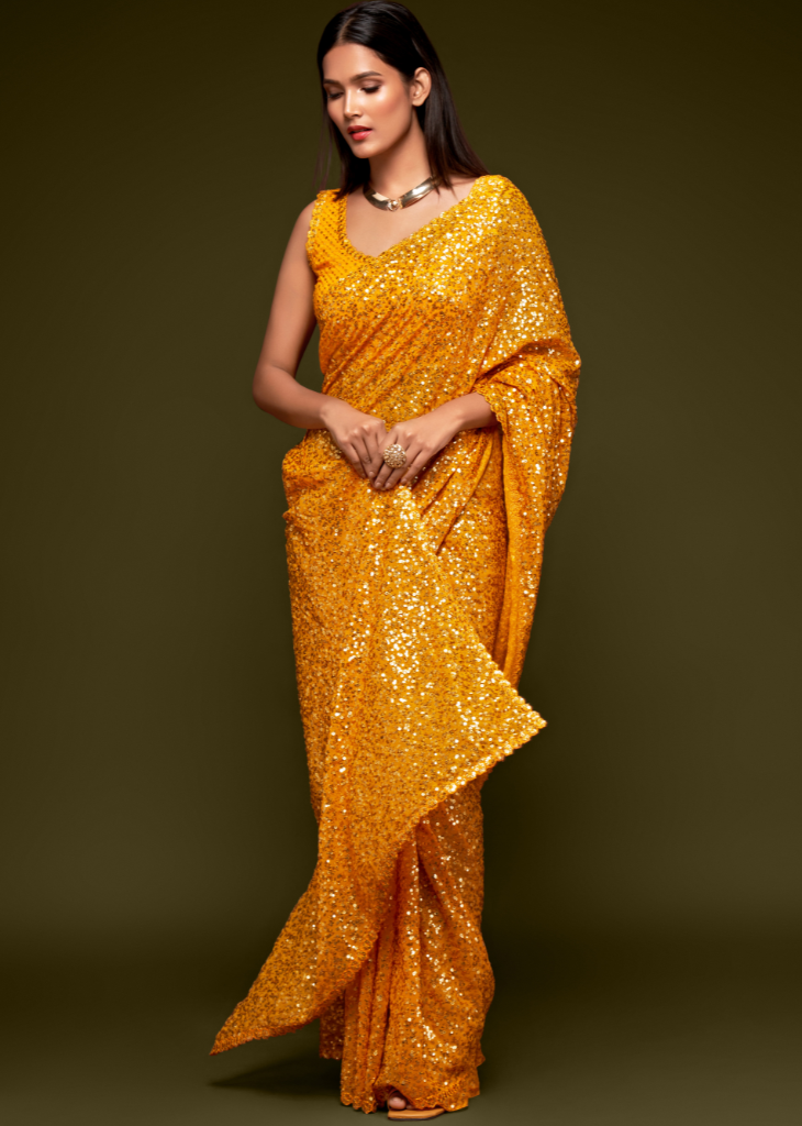 Yellow Georgette Saree with Sequins Embroidery – Festive Wear