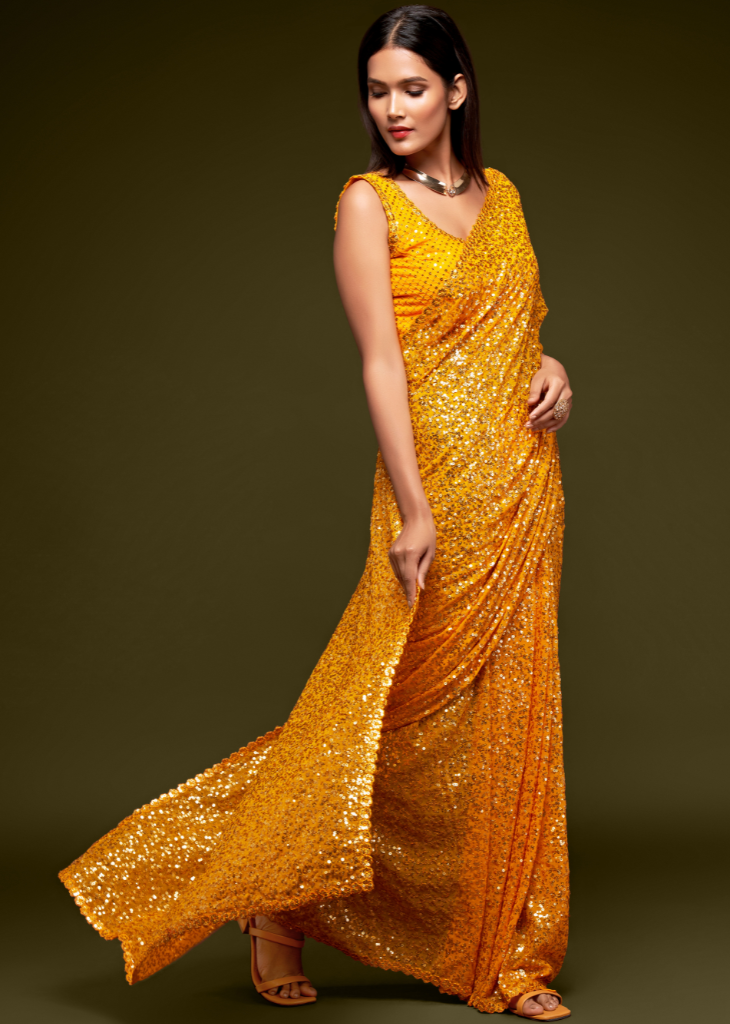 Yellow Georgette Saree with Sequins Embroidery – Festive Wear