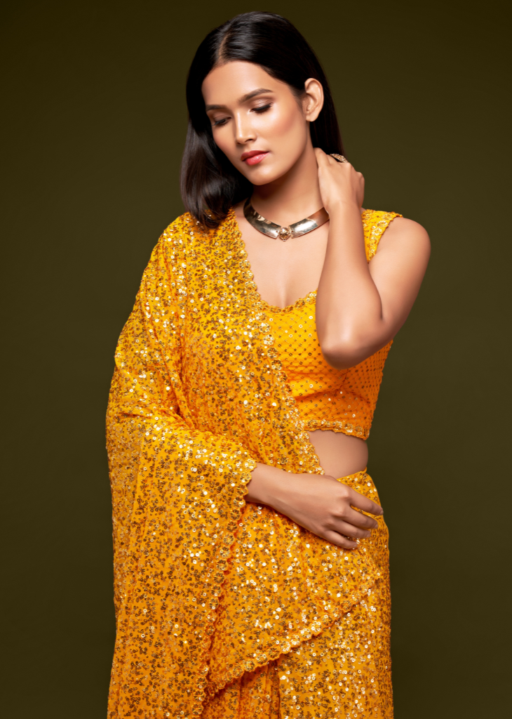 Yellow Georgette Saree with Sequins Embroidery – Festive Wear
