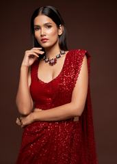 Red Georgette Saree with Sequins & Thread Embroidery