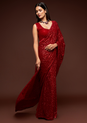 Red Georgette Saree with Sequins & Thread Embroidery