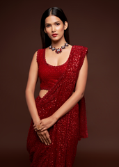 Red Georgette Saree with Sequins & Thread Embroidery