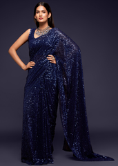 Blue Georgette Saree with Sequins & Thread Embroidery