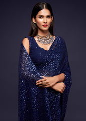Blue Georgette Saree with Sequins & Thread Embroidery
