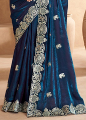 Navy Blue Satin Saree with Silver Embroidery Work