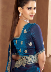 Navy Blue Satin Saree with Silver Embroidery Work