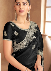 Black Satin Saree with Luxe Silver Embroidery Border