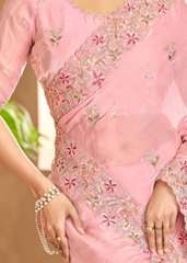 Baby Pink Satin Saree with Delicate Thread Embroidery