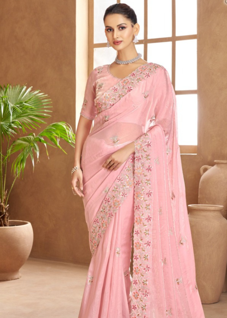 Baby Pink Satin Saree with Delicate Thread Embroidery