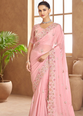 Baby Pink Satin Saree with Delicate Thread Embroidery
