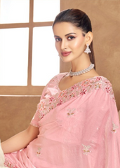 Baby Pink Satin Saree with Delicate Thread Embroidery