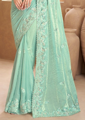 Mint Green Satin Saree with Elegant Thread Work