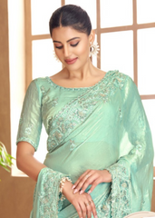 Mint Green Satin Saree with Elegant Thread Work