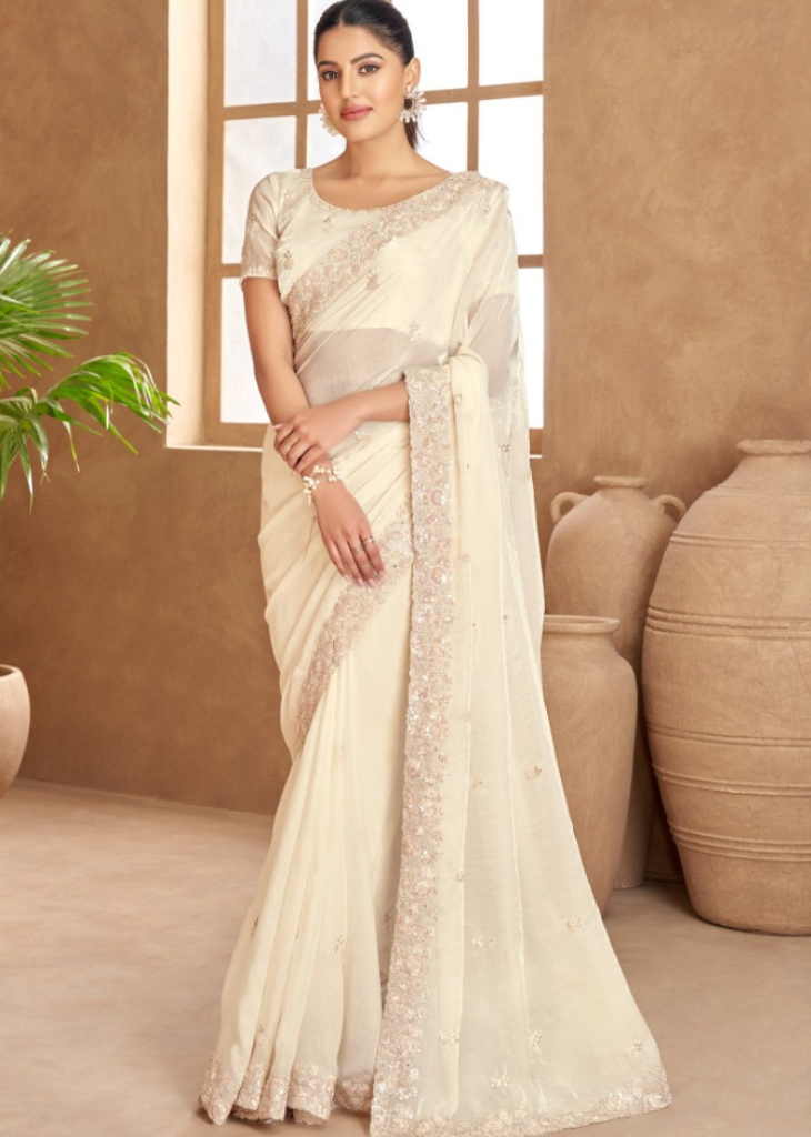 Cream Satin Saree with All-Over White Embroidery