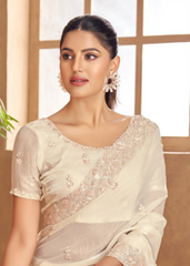 Cream Satin Saree with All-Over White Embroidery