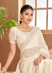 Cream Satin Saree with All-Over White Embroidery