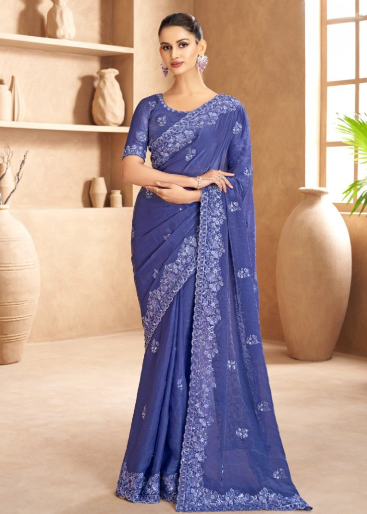 Royal Blue Satin Saree with Heavy Silver Embroidery