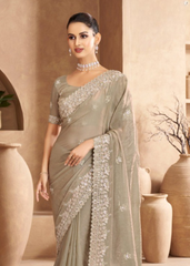 Slate Grey Satin Saree with Soft Embroidery Details