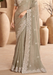 Slate Grey Satin Saree with Soft Embroidery Details