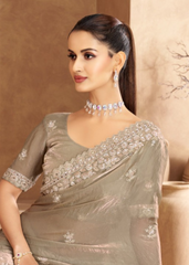 Slate Grey Satin Saree with Soft Embroidery Details